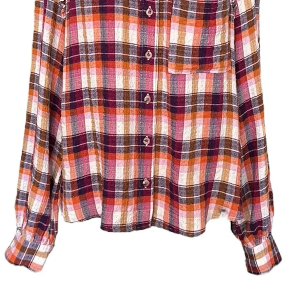 PILCRO Anthropologie Plaid Flannel Button Down Shirt Western Boho Ruffle Trim M - Picture 4 of 16
